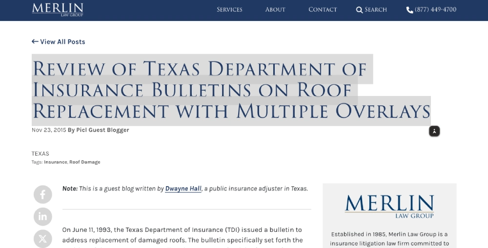 Review of Texas Department of Insurance Bulletins on Roof Replacement with Multiple Overlays